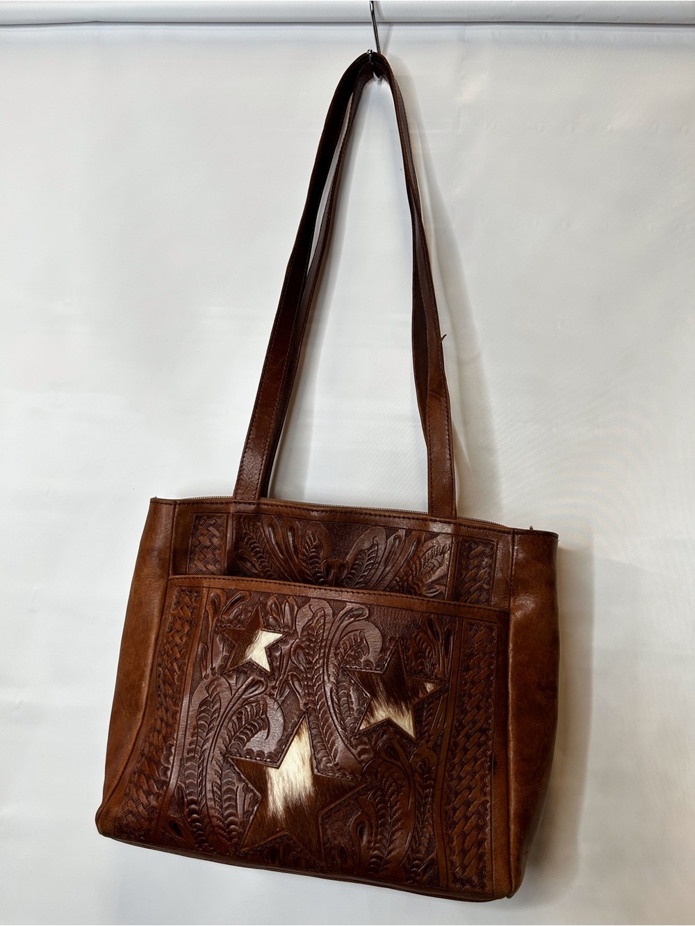 Brown Tooled Leather Shoulder Tote with Star Accents